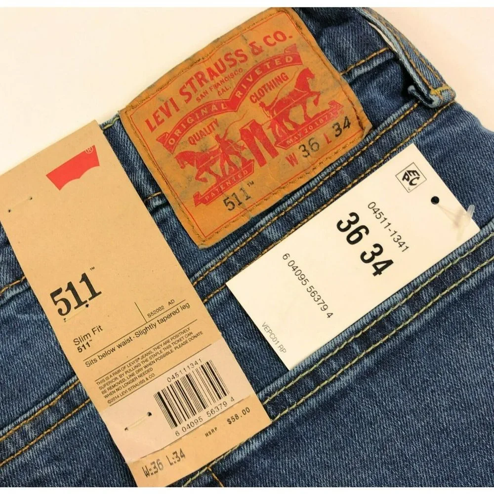 Levis 511 Slim Fit Tapered Leg Mens 36x34 Blue Jeans Distressed Denim Red Tab - Picture 12 of 12